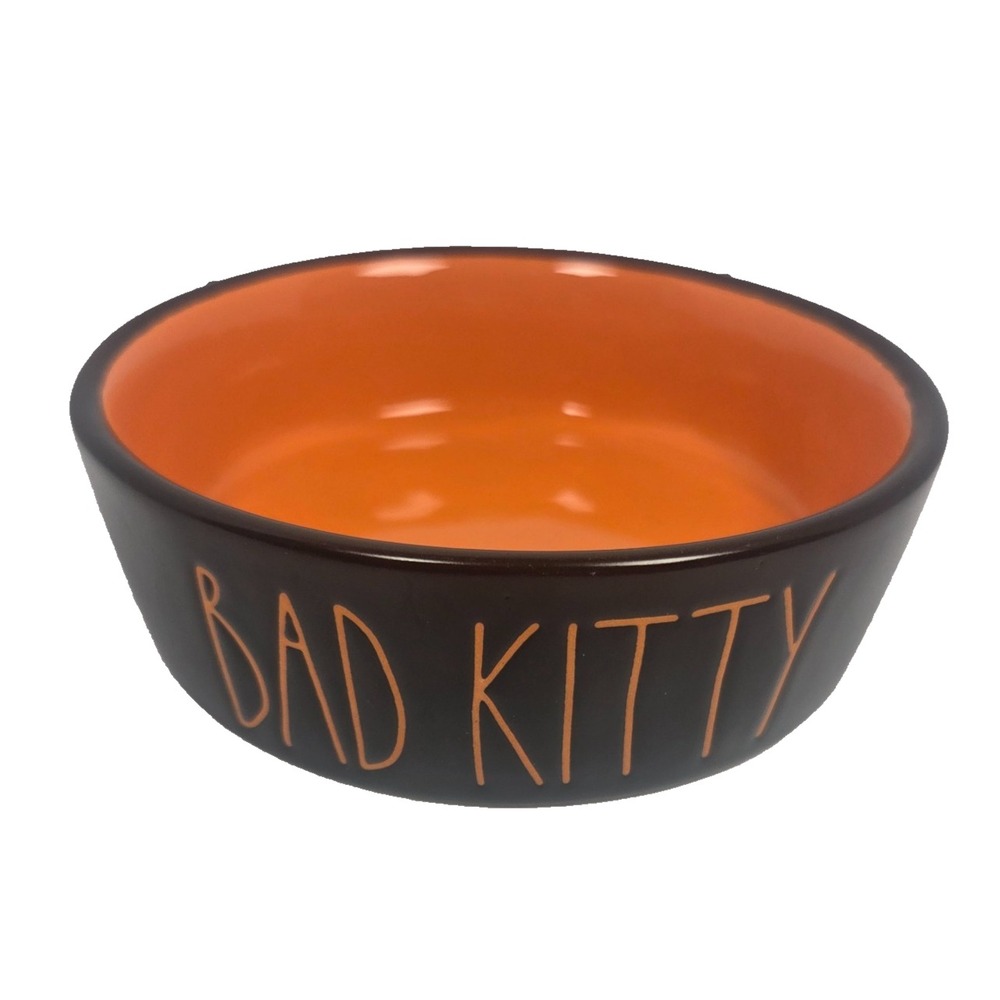 Rae Dunn BAD KITTY Black Orange Halloween Cat Pet Bowl Dish 5" New